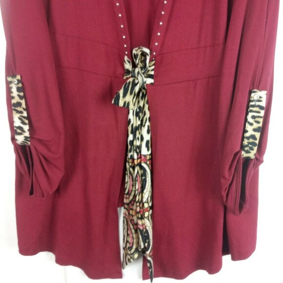 Vintage Cardigan Womens XL Red Studded Animal Print Tie Front Boho Maximalist - Picture 3 of 7